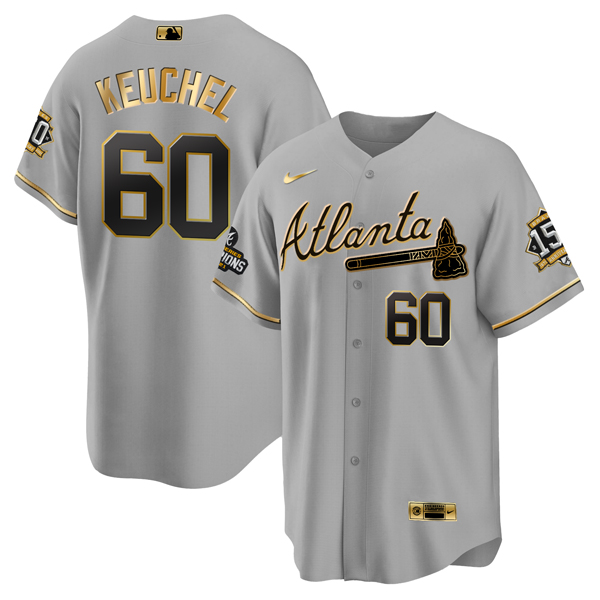 Men's Atlanta Braves #60 Dallas Keuchel 2021 Grey/Gold World Series Champions With 150th Anniversary Patch Cool Base Stitched Jersey Men's Atlanta Braves #60 Dallas Keuchel 2021 Grey/Gold World Series Champions With 150th Anniversary Patch Cool Base Stitched Jersey